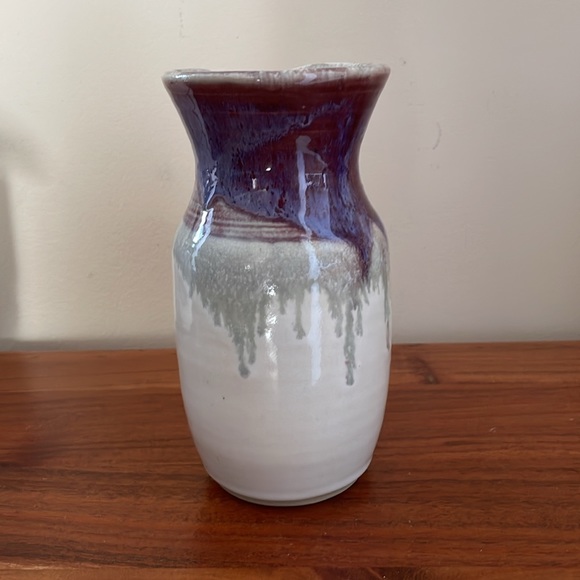 Beautiful handmade pottery vase decanter pitcher purple white drip glaze - Picture 2 of 7